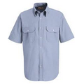 White / Blue Men's Short Sleeve Dress Shirt w/ Pocket Flaps